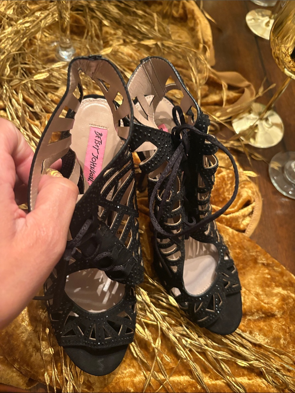 Betsey Johnson Black Laser Cut Lace-Up Peep Toe Heels